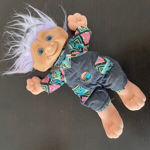 Treasure Trolls Vintage 90s Blue Jewel 12" soft body‎ Geometric Shirt Overalls